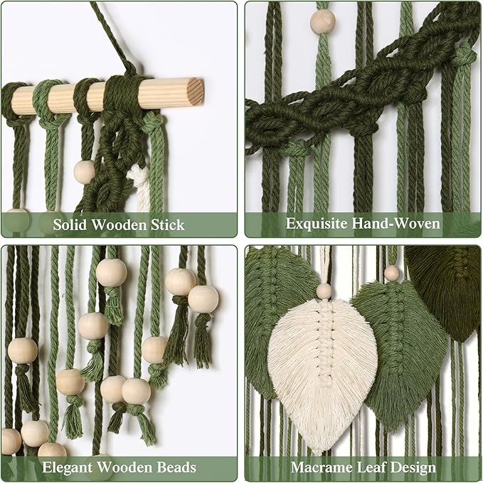 Weldomcor Macrame Wall Hanging Boho Leaf Woven Tapestry, Bohemian Chic Home Decor Modern Handmade Leaves Feather Wall Art Decorations for Bedroom Living Room Apartment Ornament 16.5"W X 31.5"L (Army Green)