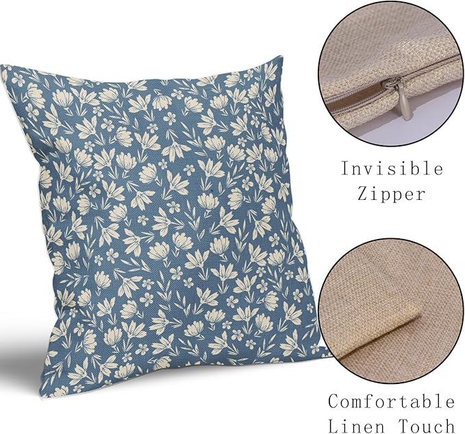 Light Blue Pillow Covers 20x20 Set of 2 Vintage Floral Rustic Old Style Cute Flower Print Decorative Outdoor Pillowcases Seasonal Farmhouse Throw Cushion Case Decor for Couch Sofa Bed