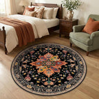 Area Rugs 4ft Washable Non-Slip, Floral Vintage Distress Print Pattern Medallion Carpet for Living Room Bedroom Dining Room, Black Colorful Floral Dark Tan