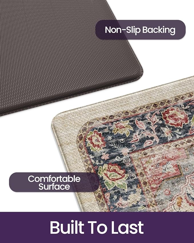 DEXI Kitchen Floor Mats Anti Fatigue, 23x59 Large Cushioned Vintage Runner Rug Waterproof, Standing Comfort Memory Foam Padded for Front Sink Laundry Office, Beige and Red