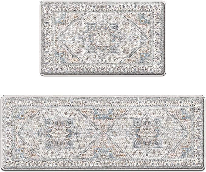 Arttown Kitchen Mats for Floor 2Pcs-Anti Fatigue Non Slip Mats for Kitchen Floor, Cushioned Waterproof & Stain-Resistant Boho Stripe Square Mat Set, Laundry Room, Office, Sink, Desk (White/Blue)