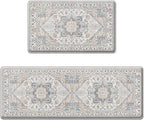 Arttown Kitchen Mats for Floor 2Pcs-Anti Fatigue Non Slip Mats for Kitchen Floor, Cushioned Waterproof & Stain-Resistant Boho Stripe Square Mat Set, Laundry Room, Office, Sink, Desk (White/Blue)