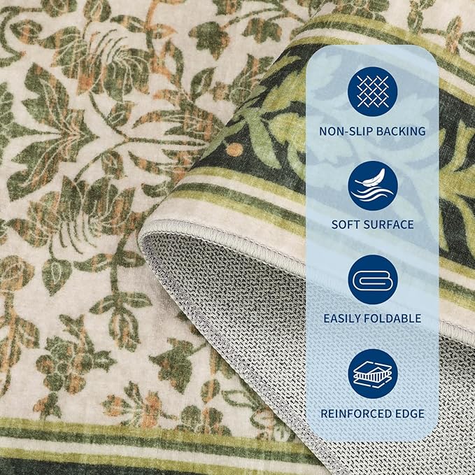GarveeHome 5x7 Washable Area Rugs for Living Room, Boho Vintage Rug Non Slip Low Pile Stain Resistance Indoor Soft Large Throw Carpet for Bedroom Dining Room Office Light Green