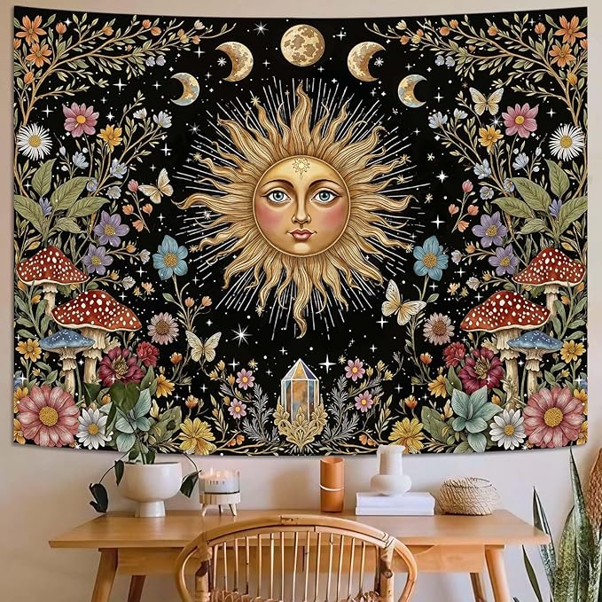 Aipon Boho Sun and Moon Tapestry Hippie Mushroom Floral Wall Tapestry for Bedroom Aesthetic Moon Phase Vintage Plant Celestial Small Tapestries Wall Hanging for Living Room Dorm 48 x 36 Inch