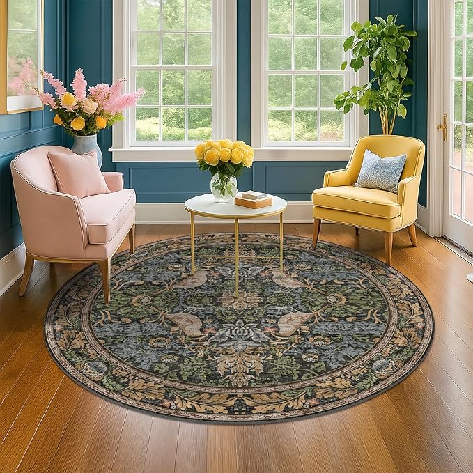 Washable Round Area Rugs 6ft for Living Room, Green Forest Soft Non-Slip Circle Rug with Rubber Backing, Vintage Large Boho Floral Bird Carpet for Bedroom, Kitchen, Nursery, Stain Resistant