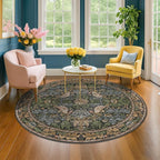 Washable Round Area Rugs 6ft for Living Room, Green Forest Soft Non-Slip Circle Rug with Rubber Backing, Vintage Large Boho Floral Bird Carpet for Bedroom, Kitchen, Nursery, Stain Resistant