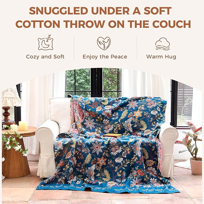 Boho Throw Blanket for Bed Cotton Spring Blankets Bedroom Living Room Twin All Season Lightweight Floral Embroidery Quilt for Couch Sofa Chair 60"x80"