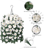 Artificial Geraniums Fake Hanging Flowers Basket for Spring Outdoor Decoration, Faux Plants Silk Geraniums Vines in Planter UV Resistant Look Real for Outdoors Yard Patio Porch Home Decor, White