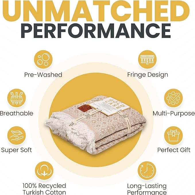 Gold Case Throw Blanket for Couch - 100% Recycled Turkish Cotton Blankets & Throws - Retro Soft Throw Blankets for Living Room - Boho Decorative Woven Couch Blanket - 60x80 - Beige