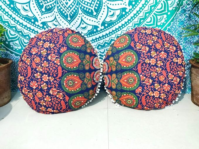 CRAFT KALA Mandala Floor Pillow Cushion Cover Seating Throw Cover Hippie Decorative Bohemian Ottoman Pouf Pom Pom Pillow Cases Boho Indian Cotton Living Room Home Décor 24" Round Set Of 2 Multi Mirchi