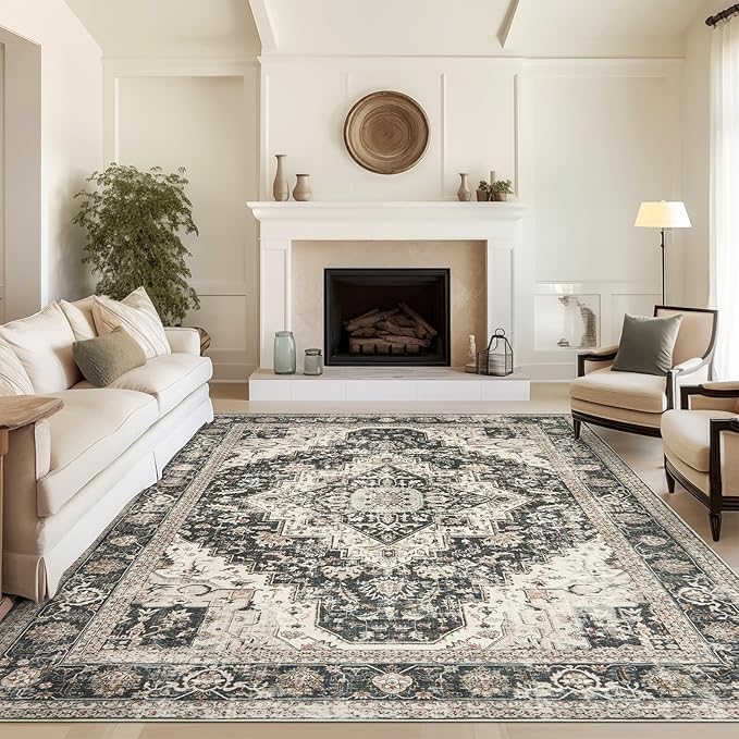 Washable Area Rugs 5x7, Ultra-Thin Rugs for Living Room, Bedroom, Dining Room, Stain Resistant Anti Slip Backing Area Rug, Super-Soft Floral Vintage Home Decor Rug (Black/Beige, 5'x7')