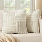 MIULEE Beige Decorative Euro Sham Pillow Covers 24x24 Inch for Bed Couch Sofa Pack of 2 Boho Neutral Farmhouse Throw Pillows Soft Cross Corduroy Patchwork Textured Cushion Cases