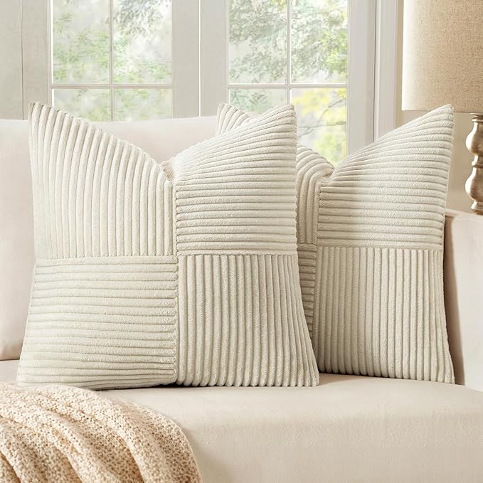 MIULEE Beige Decorative Throw Pillow Covers 18x18 Inch for Couch Bed Sofa Pack of 2 Boho Neutral Farmhouse Throw Pillows Soft Cross Corduroy Patchwork Textured Cushion Cases