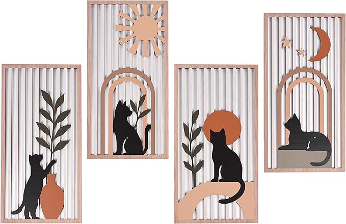 suruim Black Cat Wall Art Set of 4, Cat Wall Decor & Black Cat Decor, Mid-Century 3D Wooden Cat Art Wall Decor for Bedroom Living Room Office Boho Home Decor