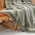 Ultra Soft Cozy Sherpa Throw Blanket with Tassel, Light Weight Warm Decorative Boho Style Plush Throw Blanket Cover for Couch, Sofa, Bedroom,Travel, Outdoor, 50”x60”, Green