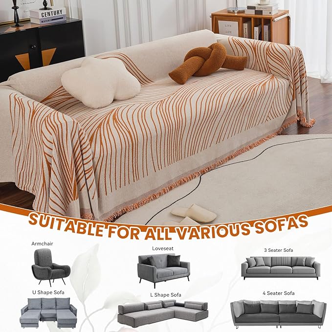 VClife Couch Cover Soft Chenille Sofa Cover Modern Minimalist Creamy Beige Couch Cover with Abstract Terracotta Line - Washable Non Slip Sofa Slipcover Reverse 2-Seaters Sofa Protector
