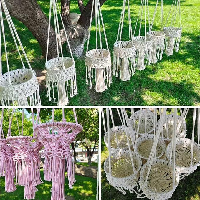 Macrame Plant Hangers with Tassels Indoor Hanging Planters Basket Handmade Cotton Rope Flower Pots Holder Stand Boho Home Decor Outdoor Decorations Round White
