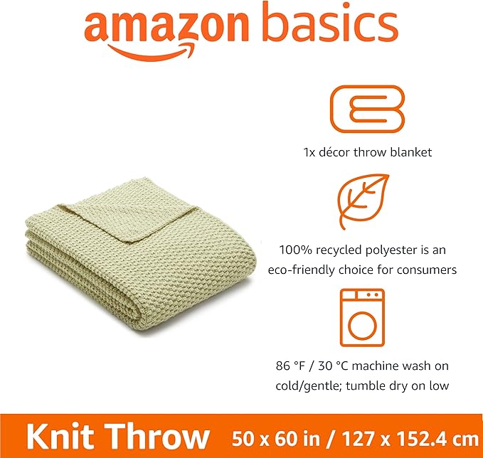 Amazon Basics Chunky Cable Knit Throw Blanket for Couch, Sofa, Bed, Lightweight Soft Cozy, 50" x 60", Sage Green