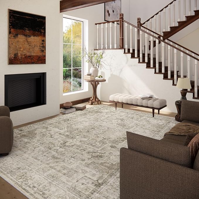 Washable Area Rugs for Living Room: 6x9 Bedroom Area Rugs Boho Vintage Rugs Stain Resistant Non Slip Low Pile Soft Lightweight Carpet for Kitchen Dining Room Farmhouse Nursery Kids Room Home Office