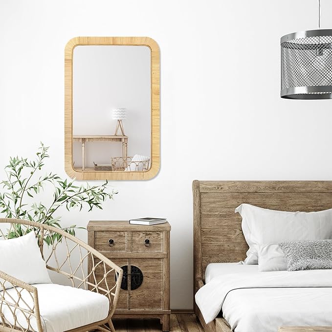 PERFNIQUE Rattan Mirror, 30'' x 20" Rectangle Boho Bathroom Mirror, Decorative Wall Nursery Decor, Rustic Farmhouse Handmade Wicker Mirror for Bathroom Bedroom Entryway Living Room Decor