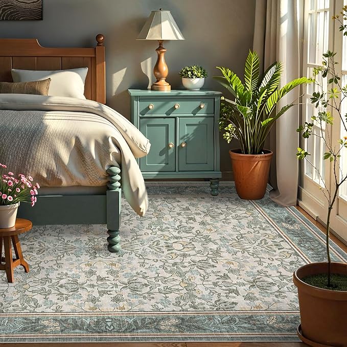 GarveeHome 5x7 Area Rugs Washable Rugs for Living Room, Boho Vintage Rug Non Slip Low Pile Stain Resistance Indoor Soft Large Carpet for Bedroom Dining Room Office Sage Green