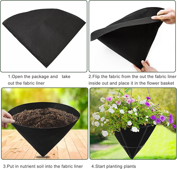 3PCS 14 Inch Cone Shaped Planter Basket Liners Fabric Hanging Plant Liners Non-Woven Planter Liners Black Felt Liners Replacement Inserts for Flower Hanging Baskets Outdoor Plants - Avoid Bird Nesting
