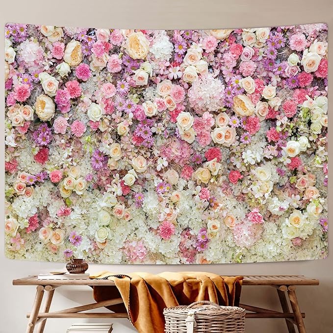 JAWO Floral Wall Tapestry for Girls, Colorful Pink Yellow Rose Flower Hanging Bedroom, Romantic Spring Aesthetic Beach Blanket College Dorm Home Decor (71" W X 60" H)