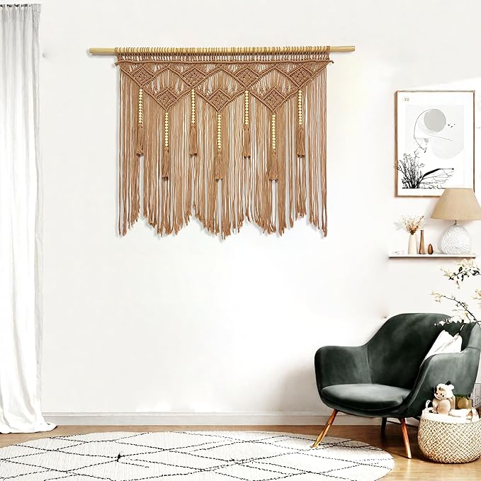 Youngeast Large Macrame Wall Hanging Boho Woven Tapestry Bohemian Macrame Wall Decor Handmade Tassel Tapestry Home Decoration for Bedroom Living Room 39"X31" (Wood Dowels Not Included) (Khaki)