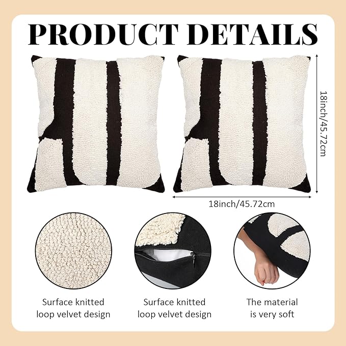 Oudain 2 Pcs Black and White Tufted Pillow Covers Boho Chunky Geometric Decorative Throw Pillow Case 18 x 18 Inches Abstract Pillowcases for Bed Couch(Black and White, Elegant Style)