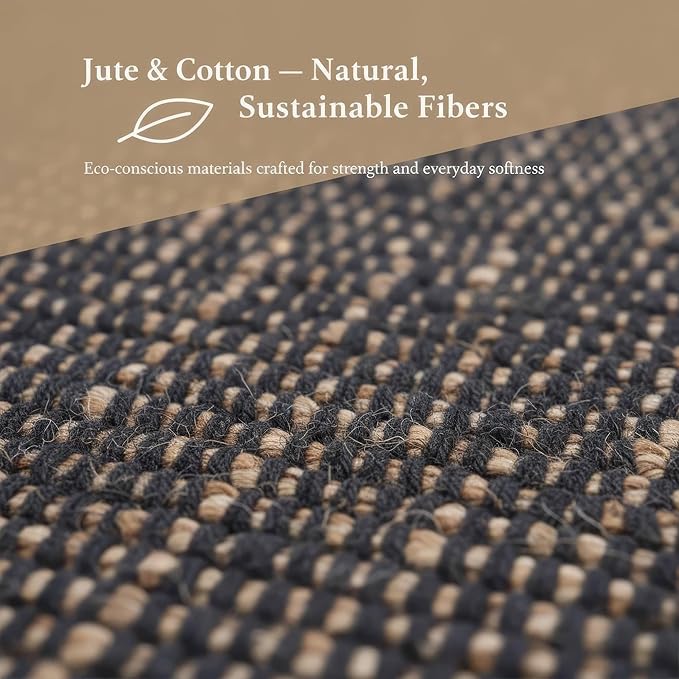 Charcoal Gray 6x9 Cotton Jute Rug Braided Construction - Farmhouse Woven Carpet - Mid-Century Modern Floor Covering for Bedroom Living Room, 6' x 9'