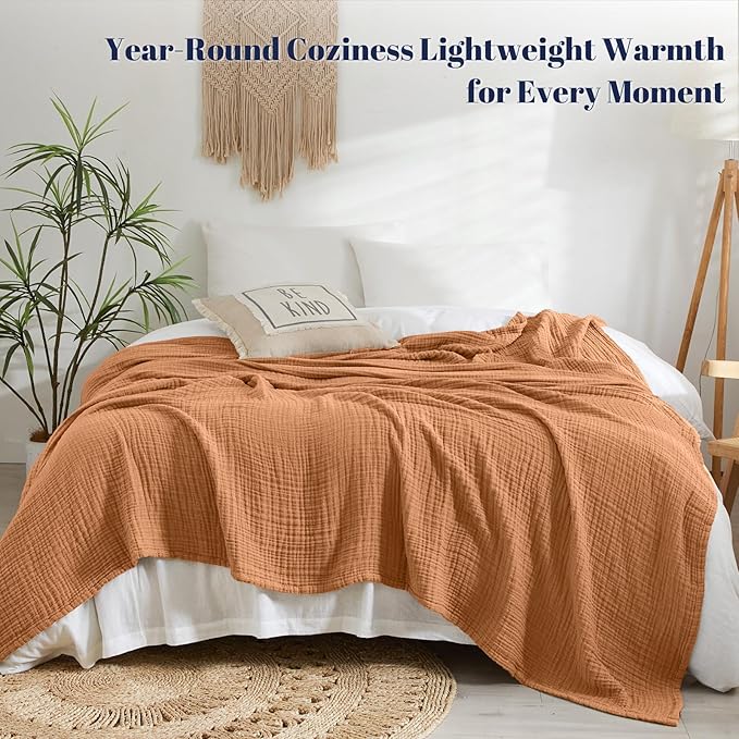 PHF 100% Cotton Muslin Blanket Queen Size 90"x90", 4-Layer Lightweight Gauze Throw, Breathable Cloud-Soft Minimalist Blanket for Bed, Couch, Camping & Baby, Caramel, Ideal Gift