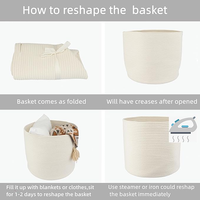 Cotton Rope Basket For Girls Boys Kids 16”X14” Baby Laundry Baskets Nursery Bin Round Woven Basket Organizer For Storage Toys Blankets Shoes Clothes white