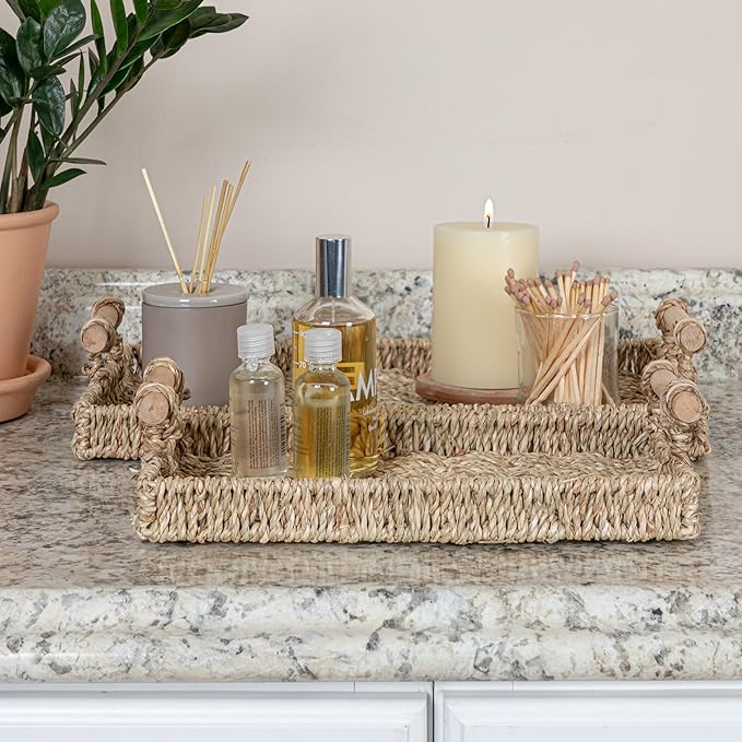 Household Essentials Handwoven Seagrass Rectangular Tray Set with Wood Handles, Natural, Set of 2