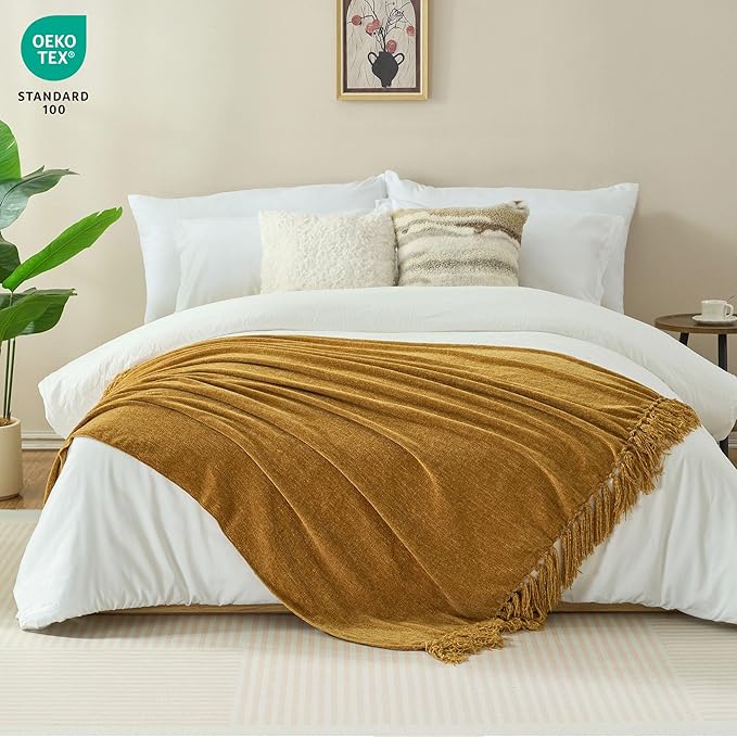 Chenille Throw Blanket for Couch with Tassels,50"X60" Soft Cozy Lightweight Knitted Boho Decorative Blankets for Bed and Sofa,Yellow