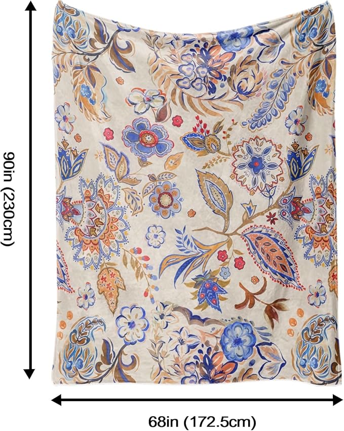 Boho Floral Throw Blanket, Bohemian Soft Cozy and Warm Couch Blankets Gift for Flower Lover, Decorative Blankets for Sofa Couch Bed, Gray Blue 50×60 inches