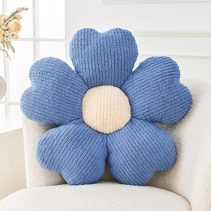 Flower Throw Pillow, Cute Flower Shaped Pillow Decorative Throw Pillow for Bed Couch, Soft Daisy Pillows Floor Seating Cushion Cushions (14.9 Inch Blue)