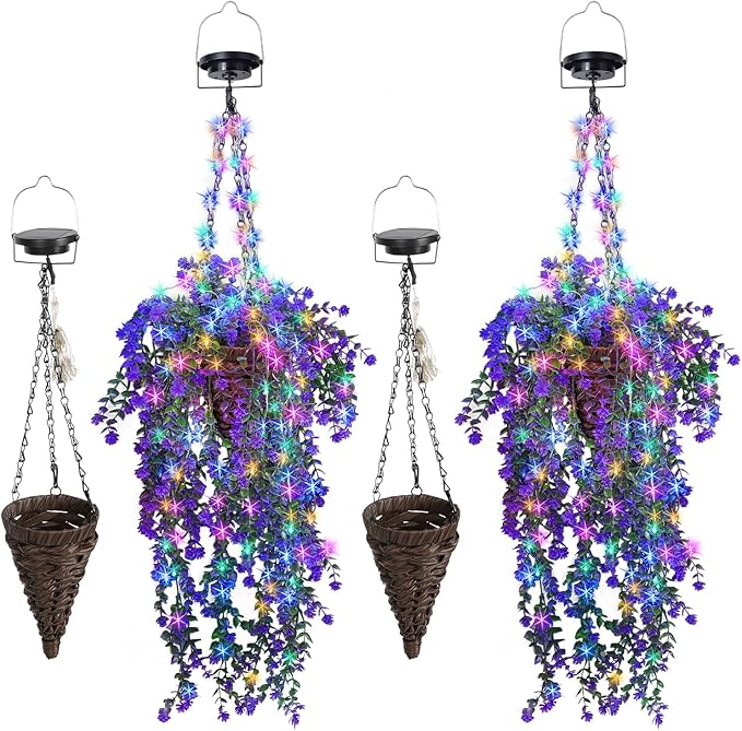 Lighted Artificial Flowers Basket for Hanging: Handmade Rattan Hanging Basket with Light up Fake Flowers for Porch Garden - 2 Pack Cone Fowers Basket with Solar Lights for Wedding Party Home Decor