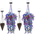 Lighted Artificial Flowers Basket for Hanging: Handmade Rattan Hanging Basket with Light up Fake Flowers for Porch Garden - 2 Pack Cone Fowers Basket with Solar Lights for Wedding Party Home Decor