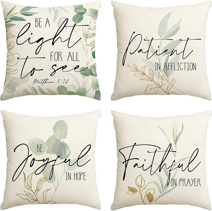 AVOIN colorlife Eucalyptus Leaves Throw Pillow Covers, 16 x 16 Inch Green Leaves Be A Light for All to See Spring Cushion Case Decoration for Sofa Couch Set of 4