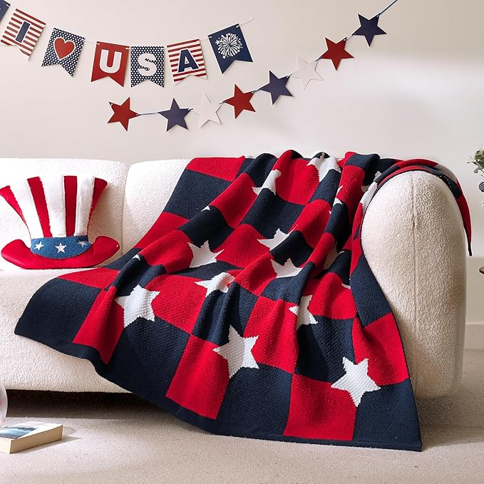 Amélie Home Patriotic Ultra Soft Knit Chenille Throw Blanket - Red White Blue Stars American Flag Pattern Cozy Blankets for Couch, 4th of July Memorial Independence Day Gifts, 50"x60", Red&Blue