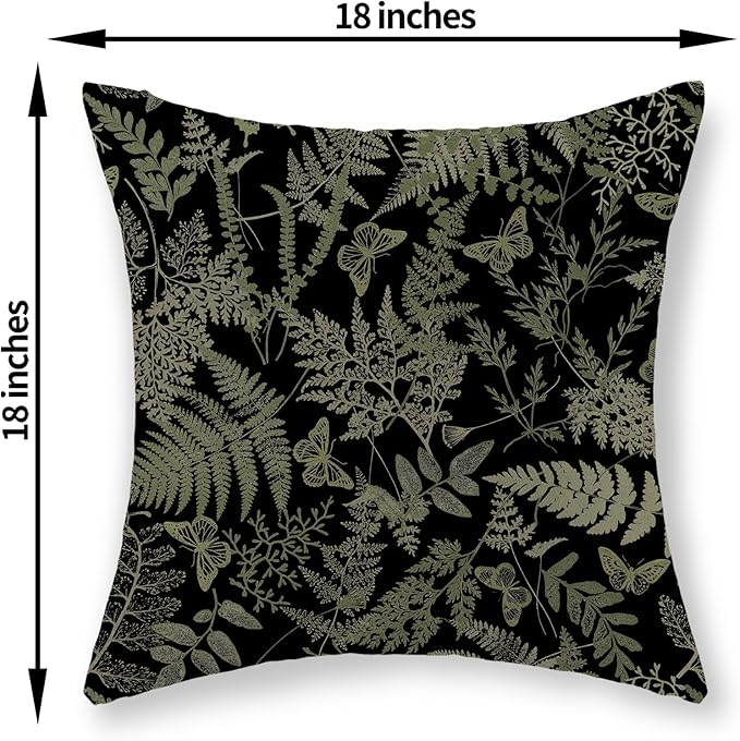 Black Pillow Covers 18x18 Set of 2 Sage Green Wildflower Leaf Plant Decorative Pillowcase Tropical Fern Herbs Botanical Floral Cushion Case Decor Summer Outdoor Throw Pillows for Couch Sofa