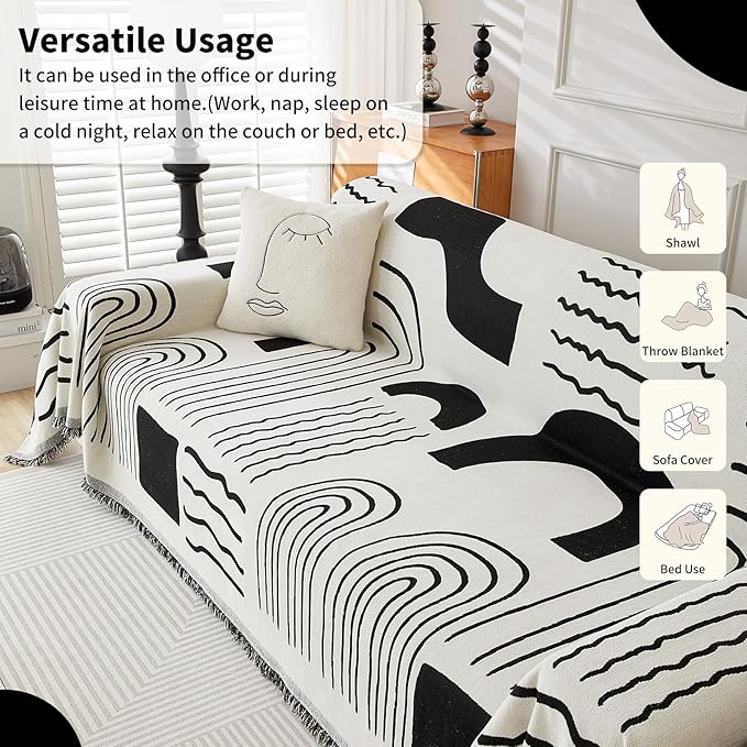 Boho Chenille Couch Cover with Tassels, Bohemian Sofa Cover for 3 Cushion Couch, L-Shaped Sectional, Loveseat, 2/3/4 Seater (71" x 102", Black)