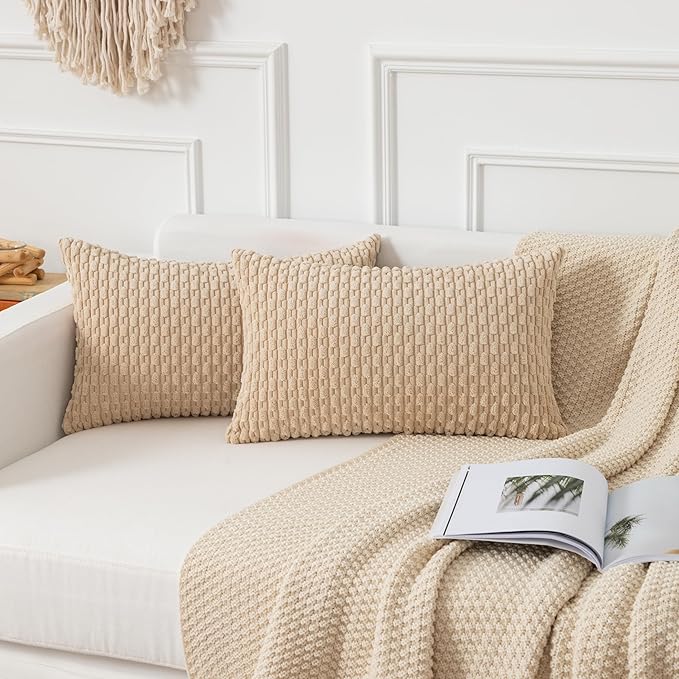 Kevin Textile 14x24 Inch Pillow Cover 1 Pack Boho Decorative Soft Striped Corduroy Lumbar Farmhouse Solid Color Accent Rectangle Cushion Case for Living Room Couch Sofa Bed, Beige