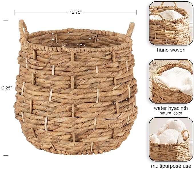 Kate and Laurel Livia Modern Woven Storage Basket, 13 x 13, Natural Water Hyacinth, Boho Wicker Basket for Use as Nursery Storage, Mini Laundry Basket, or Living Room Blanket Basket