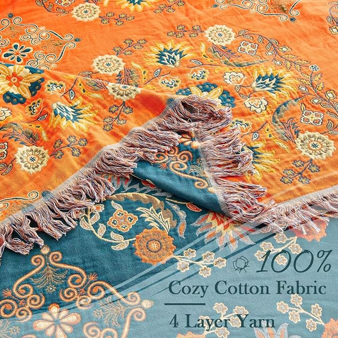 Boho Throw Blanket 100% Cotton Ultra Soft Luxury Throw Rustic Quilt 50"x60" Floral Printed Farmhouse Decor Bed Summer Blankets All Season Rustic Reversible Bohemian Throw for Bed Orange