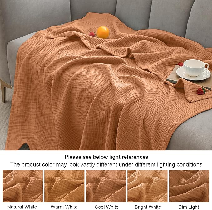 PHF 100% Cotton Muslin Blanket Queen Size 90"x90", 4-Layer Lightweight Gauze Throw, Breathable Cloud-Soft Minimalist Blanket for Bed, Couch, Camping & Baby, Caramel, Ideal Gift