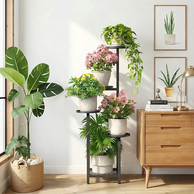 TOSKING 5 Tier Tall Plant Stand Indoor Outdoor,Anti-Tip Plant Stand indoor, Wide Base for Pots, Child and Pet Friendly,Heavy Duty Corner Shelf for Plants & Decor, Space Saving ,Tiered Metal Flower Pot Stand for Balcony, Garden, Living Room, Patio (Blac...