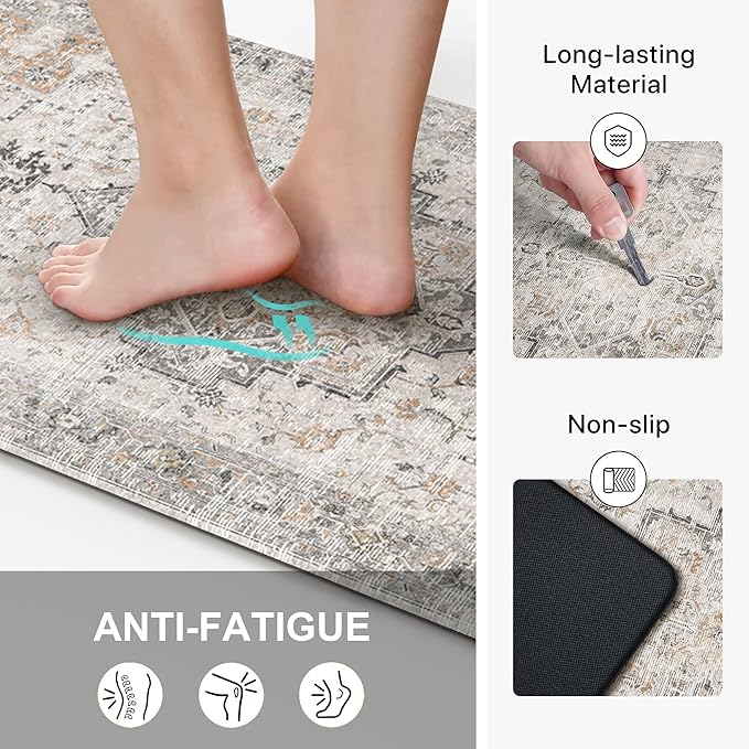 GENIMO Kitchen Mats for Floor 2PCs, Washable Anti Fatigue Mat for Cushioned, 23.6"x71"+20" x 32", Waterproof Kitchen Rugs, Non Slip Comfort Standing Mat Rug for Home, Sink, Laundry, LightTaupeBrown