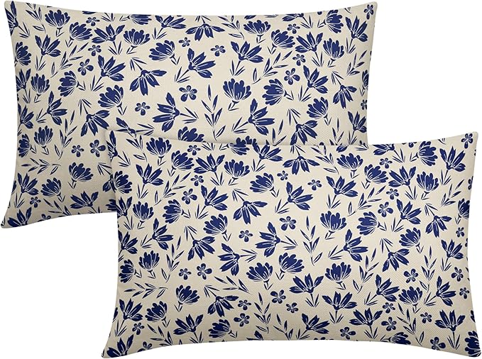 Navy Blue Floral Pillow Covers 12x20 Set of 2 Vintage Rustic Old Style Cute Small Flower Blue Cream Print Decorative Outdoor Pillowcases Farmhouse Throw Cushion Case Decor for Couch Sofa Bed