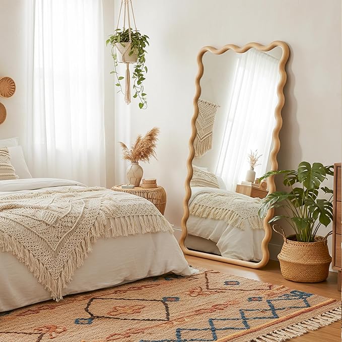Full Length Mirror, 55"x28" Boho Wavy Wood Floor Mirror, for Bathroom, Bedroom, Living Room, Cloakroom, Entryway